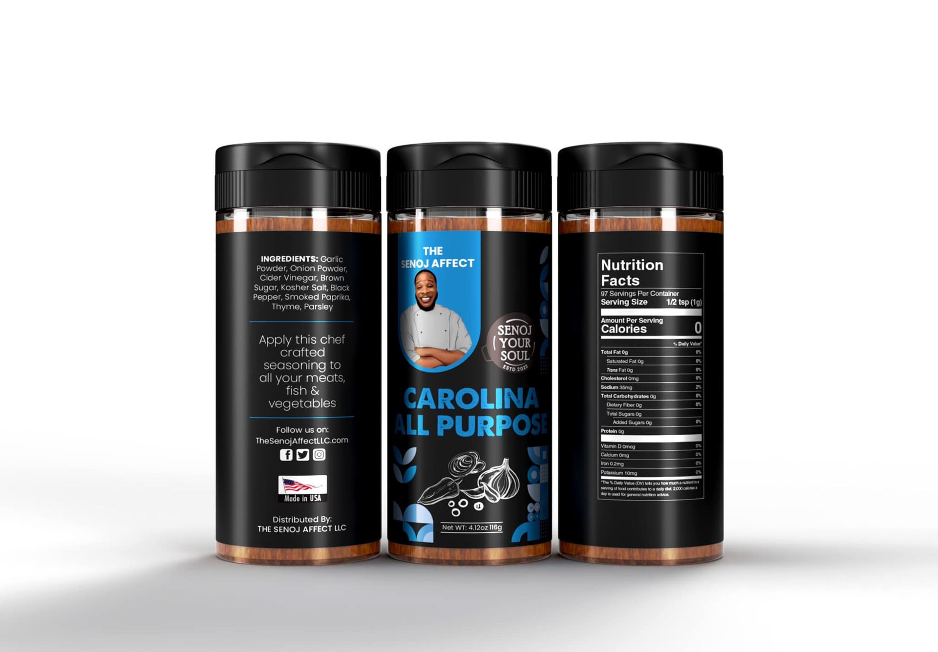 Three bottles of spices are sitting next to each other on a white surface.