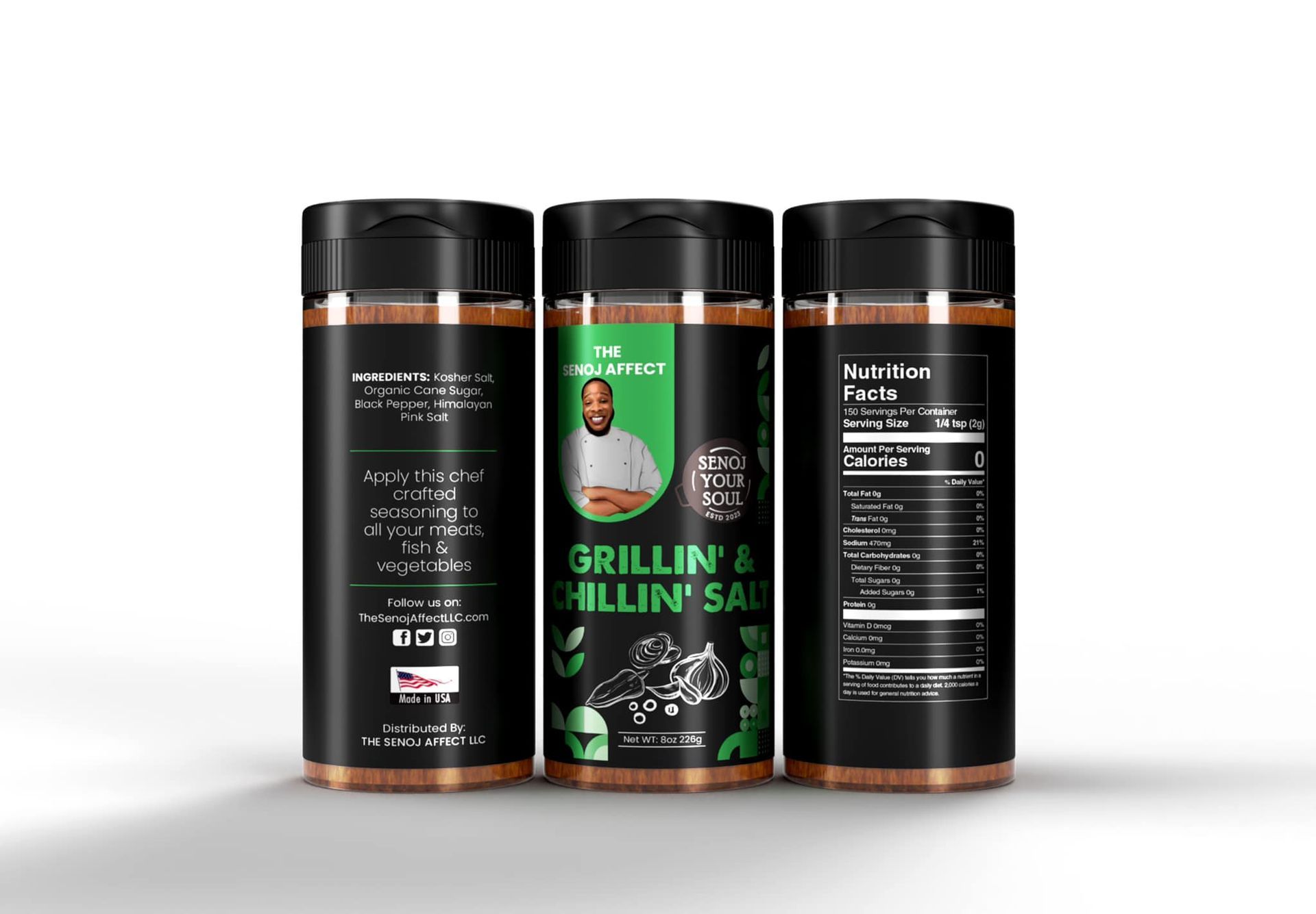 Three bottles of spices are sitting next to each other on a white surface.