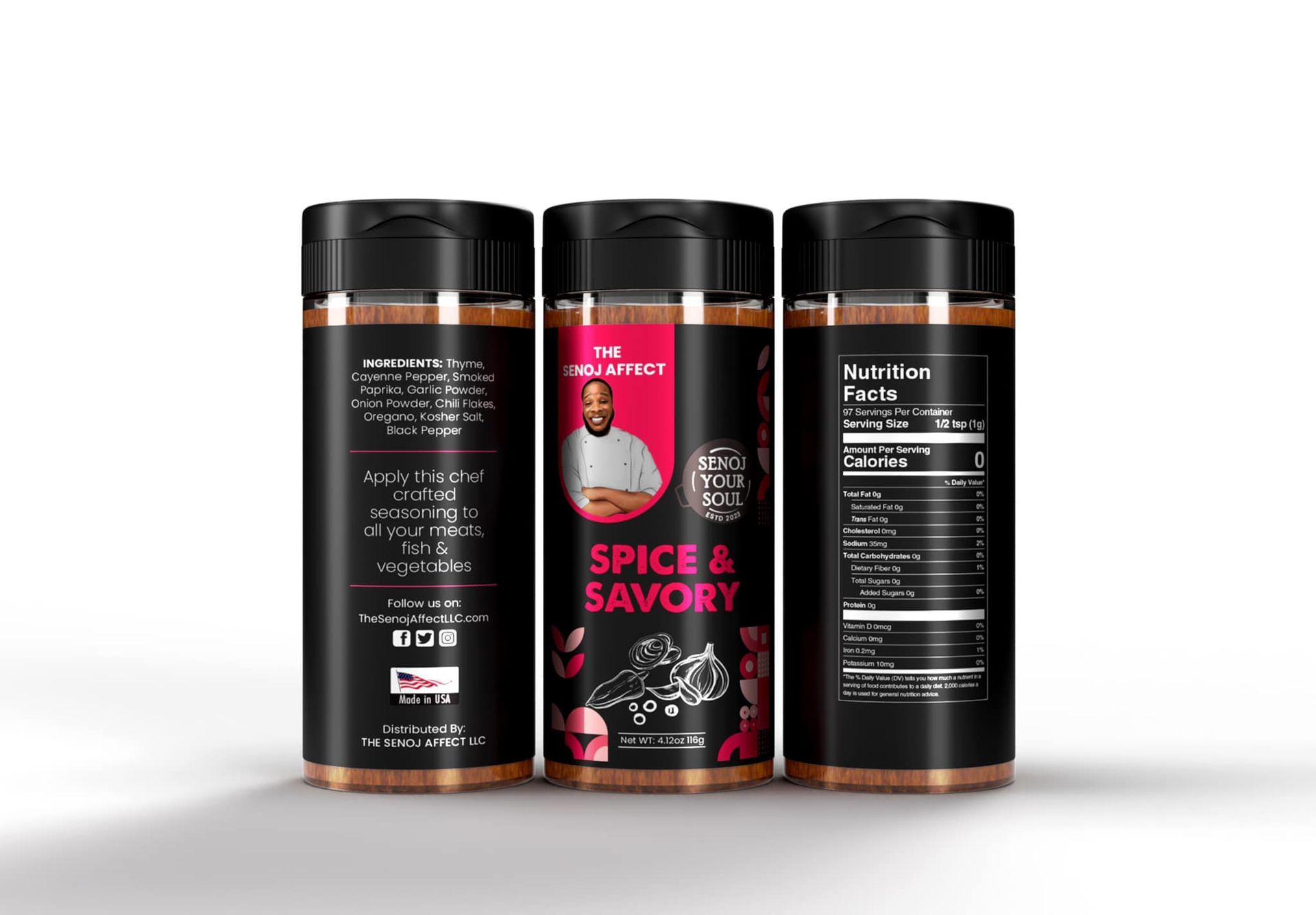Three bottles of spices are sitting next to each other on a white surface.