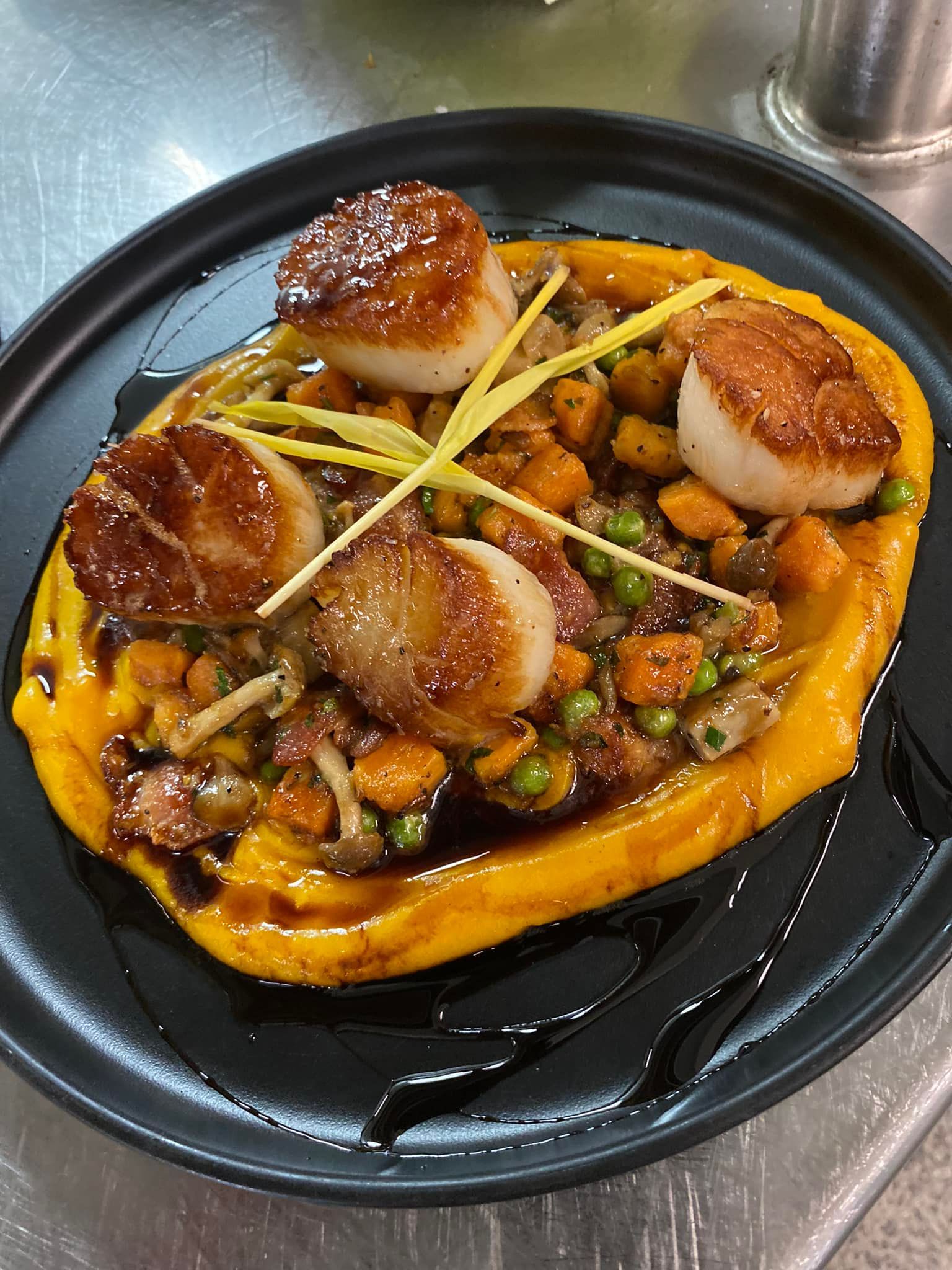 A close up of a plate of food on a table.
