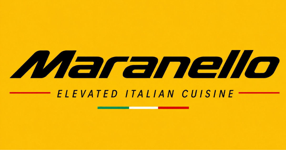 Maranello Italian cuisine logo in black and red with green accent lines