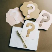 Notebook with pen and four beige question-mark cutouts on a brown background