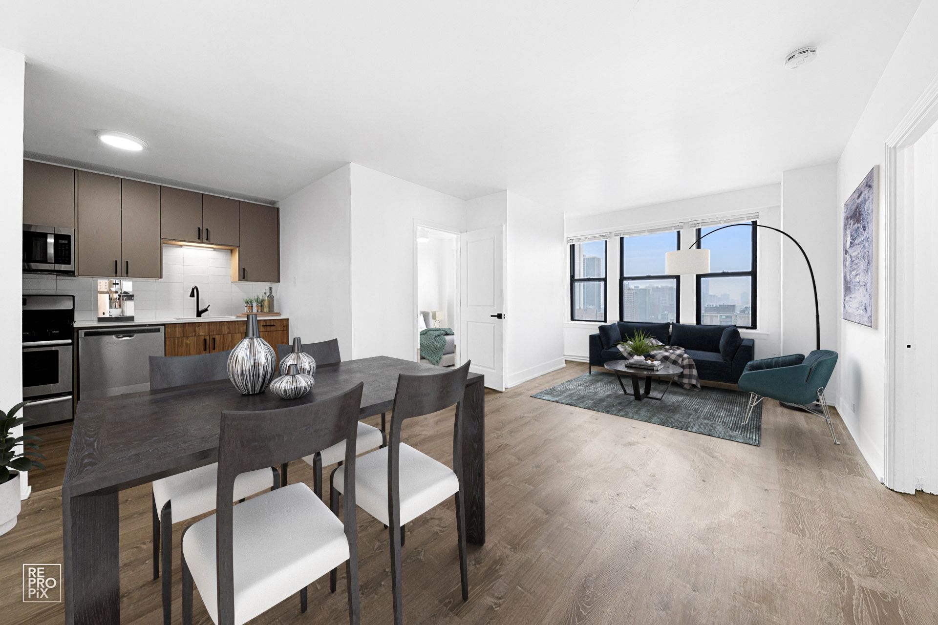 renovated living room with table