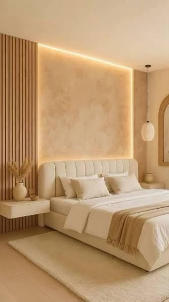 Elegante dormitorio beige con una cama bien hecha, iluminación cálida en la pared, revestimiento de listones de madera y una lámpara colgante.