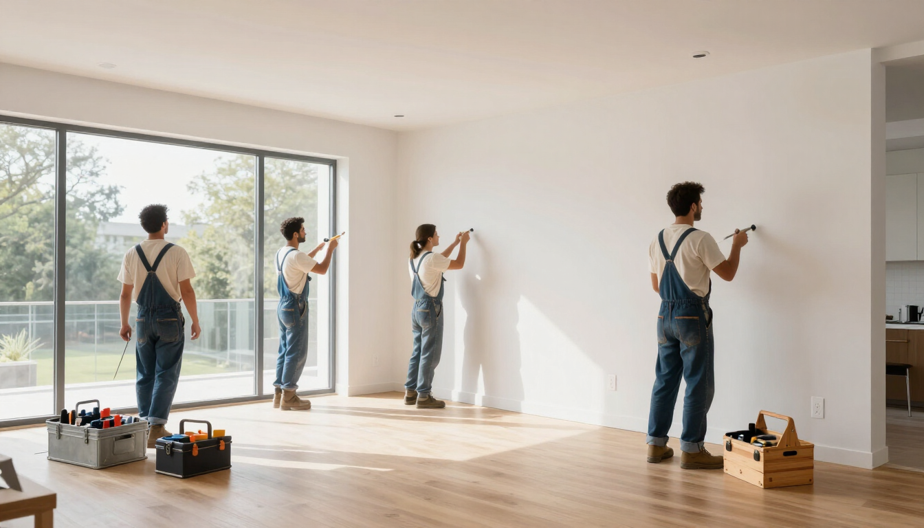 Gente pintando paredes en una habitación luminosa y vacía con suelos de madera y grandes ventanas.