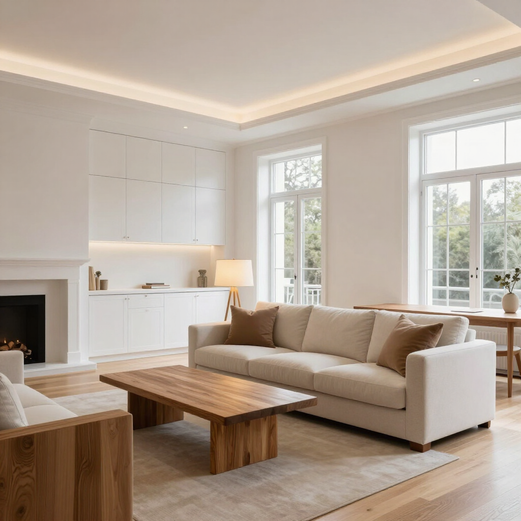 Luminoso salón moderno con sofá beige, mesa de centro de madera, chimenea y grandes ventanales con luz natural.