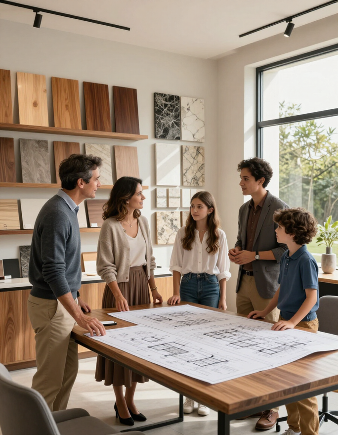 Equipo familiar de FORMA Y ESPACIO revisando acabados y diseño interior