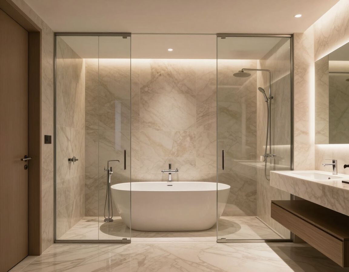 Baño moderno de lujo con ducha de cristal, bañera independiente y acabados de mármol.