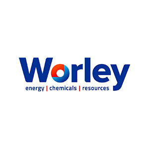 The logo for worley energy chemicals resources is blue and red.