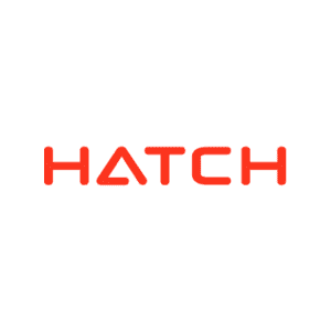 A red and white logo for hatch on a white background