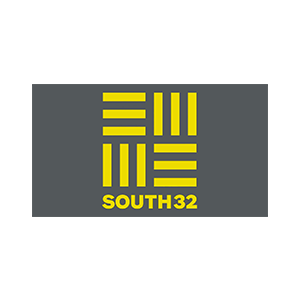 A yellow and gray logo for south32 on a gray background.