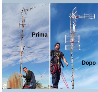 Prima e dopo i lavori di installazione dell'antenna su un tetto; operaio che installa nuove antenne su un palo alto.