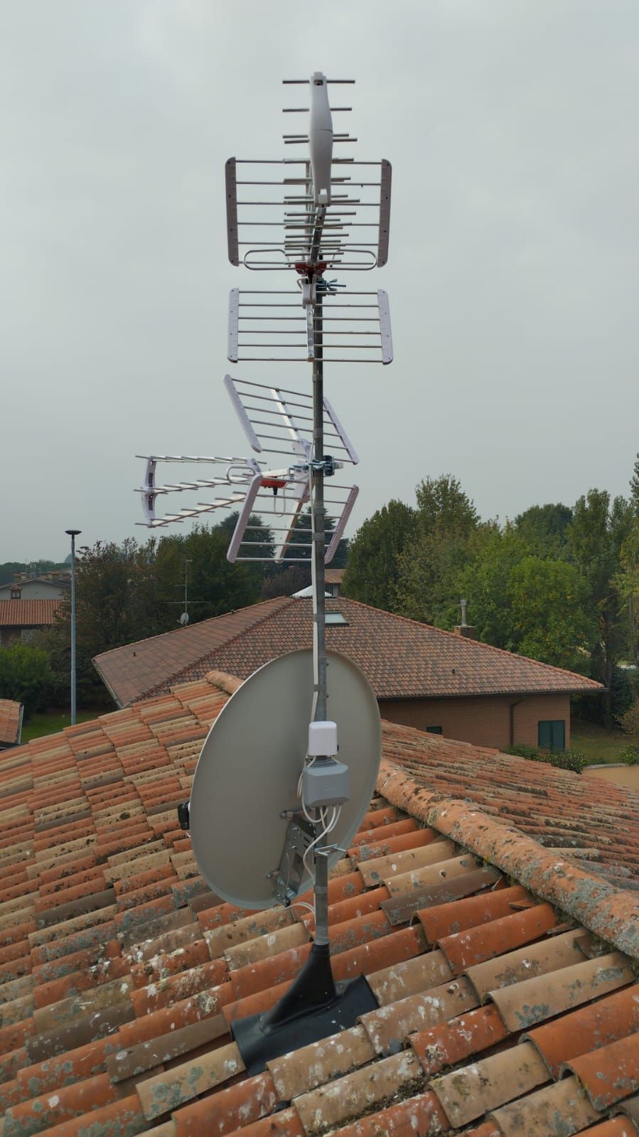 Antenna televisiva e parabola satellitare montate sul tetto.