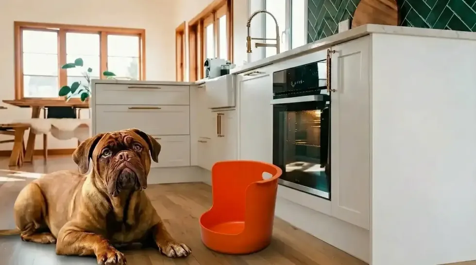 Large brown dog lying beside an orange no-spill dog bowl in a bright modern kitchen.