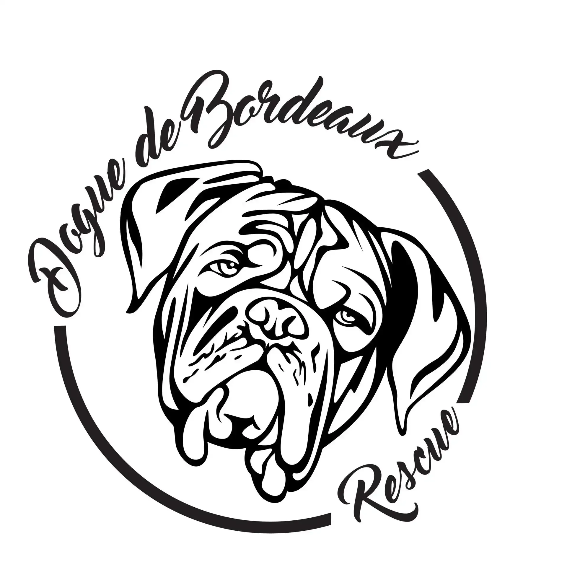 Black-and-white bulldog logo with circular text reading 