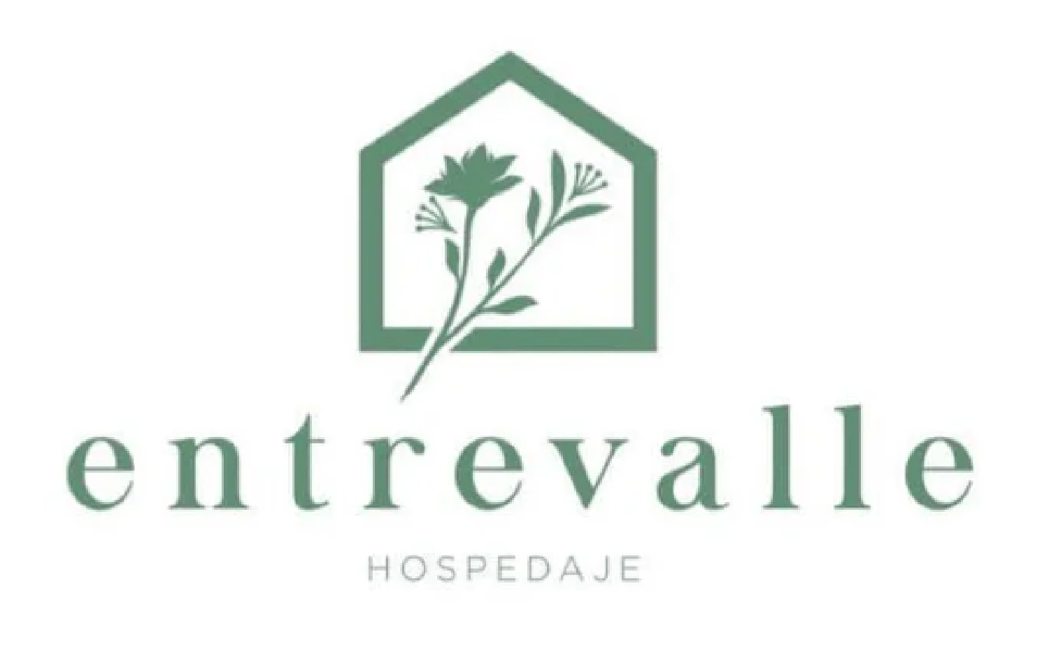 Logotipo verde con el contorno de una casa y una planta, con la inscripción “entrevalle hospedaje”