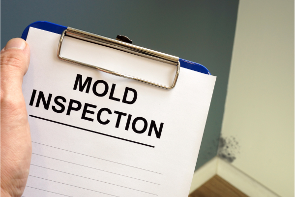 A person is holding a clipboard that says mold inspection on it.