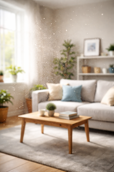 sunlit room with floating particles in air