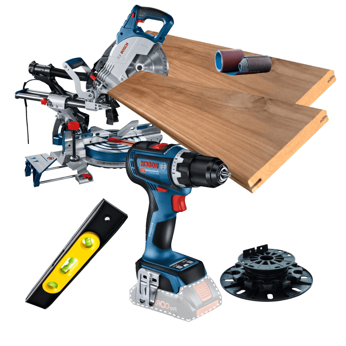 Une perceuse et une scie sont posées sur une table en bois.