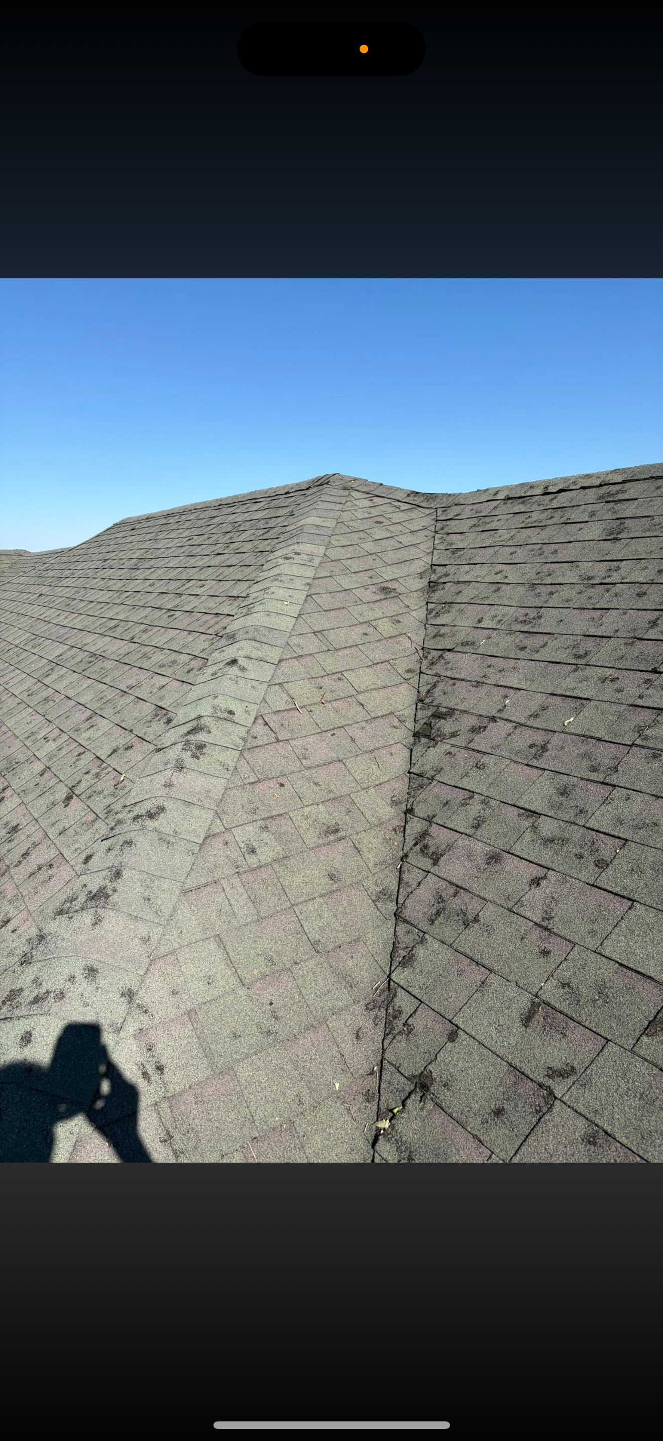 Steep gray shingled roof under a clear blue sky, with a small shadow at the lower left.