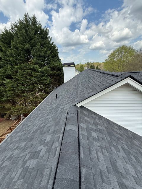 Gray shingled roof with a white house gable and tall trees under a cloudy sky