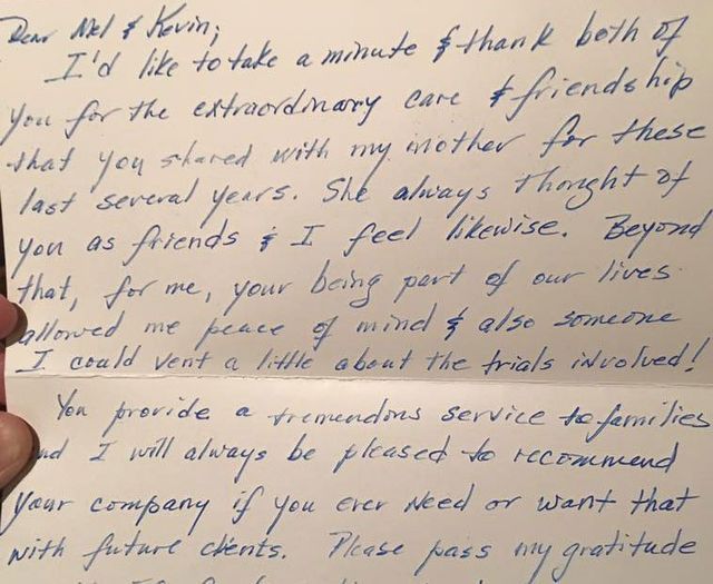 Handwritten thank you note to Mel and Kevin for their care and friendship.