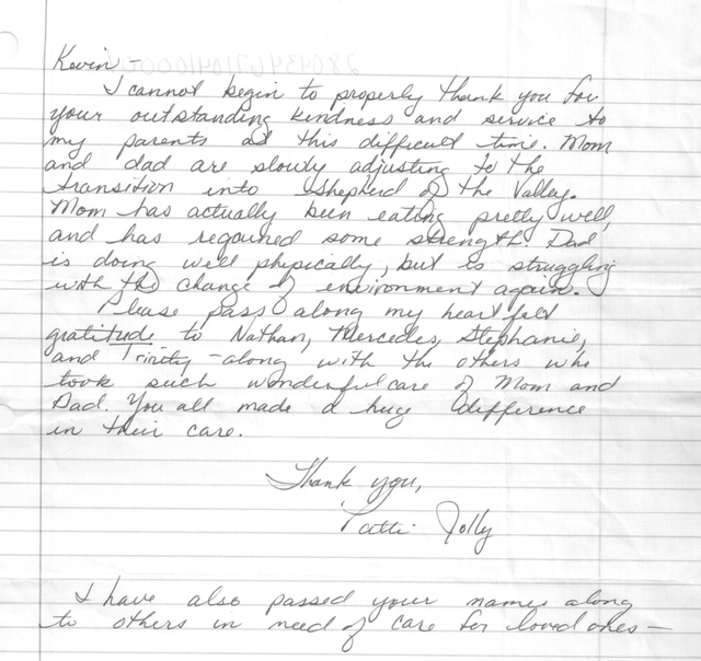 Handwritten thank you note on lined paper, expressing gratitude for care of parents.