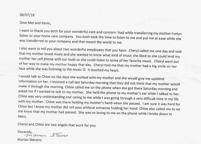A handwritten letter of gratitude to Mel and Steve for the care provided to the writer's mother by two employees, Cheryl and Chloe.