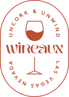 A logo for wineaux las vegas nevada with a glass of wine in the center.