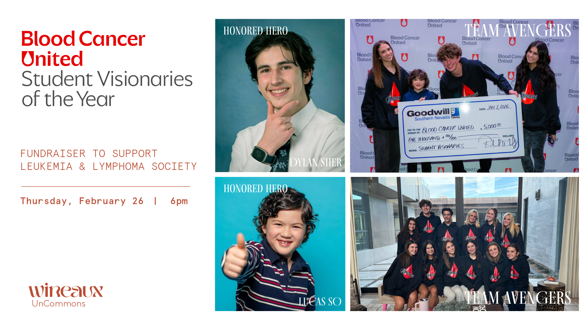 Promotional flyer for a Blood Cancer United Student Visionaries fundraiser, featuring event details and student portraits.