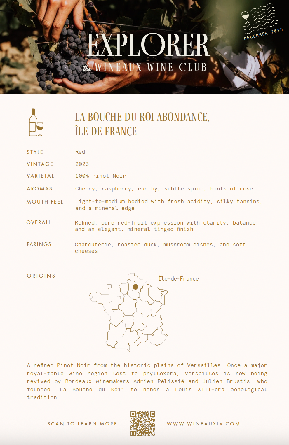 Wine club info sheet for La Boucle du Roi Abondante wine, showing origin, vintage, flavor notes, and a French region map.
