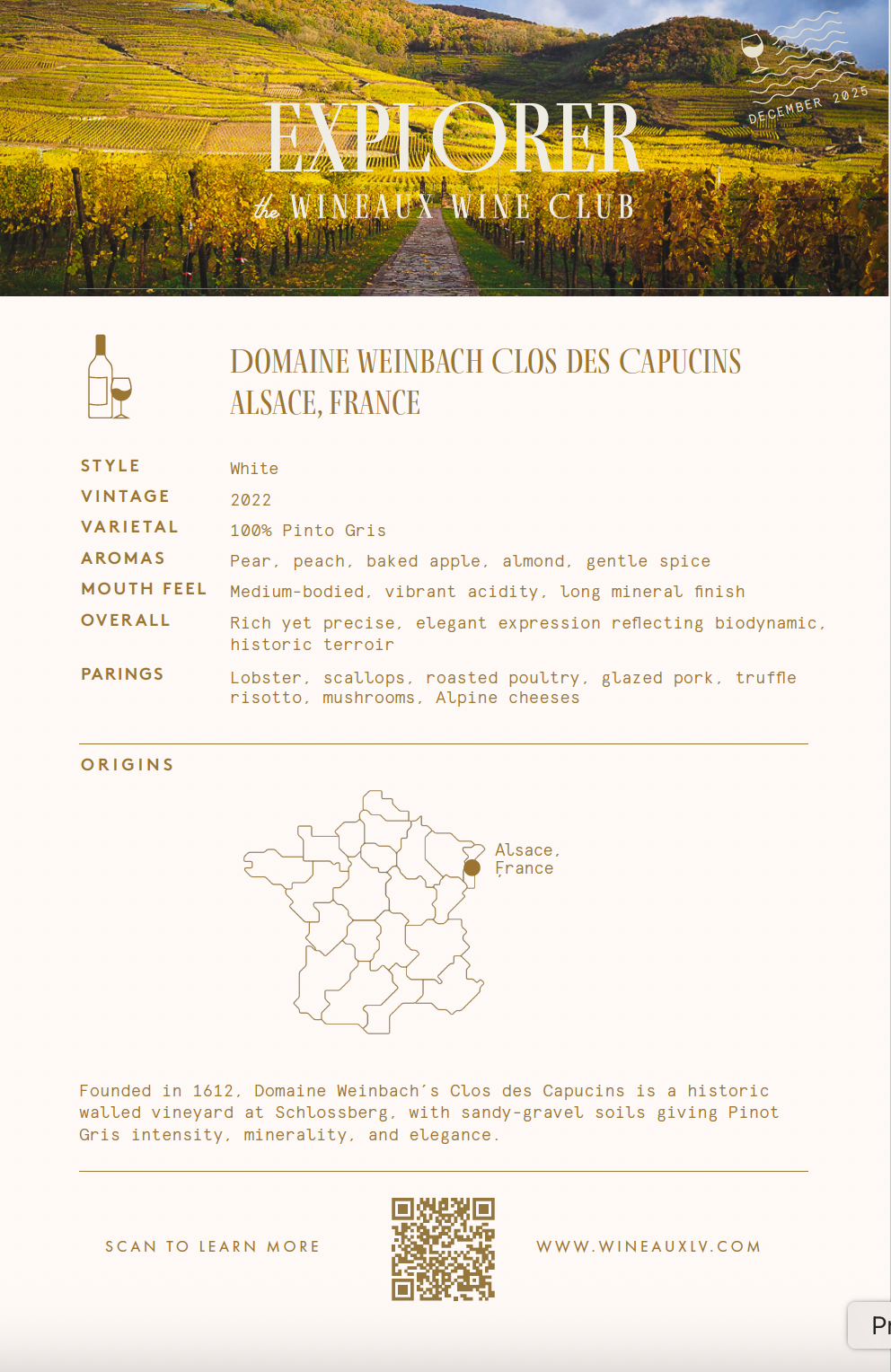 A digital flyer for Domaine Weinbach Clos des Capucins wine, featuring tasting notes, a French regional map, and a QR code.