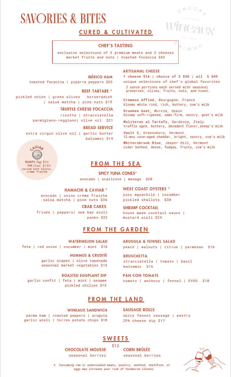 A menu for savories and bites at a restaurant