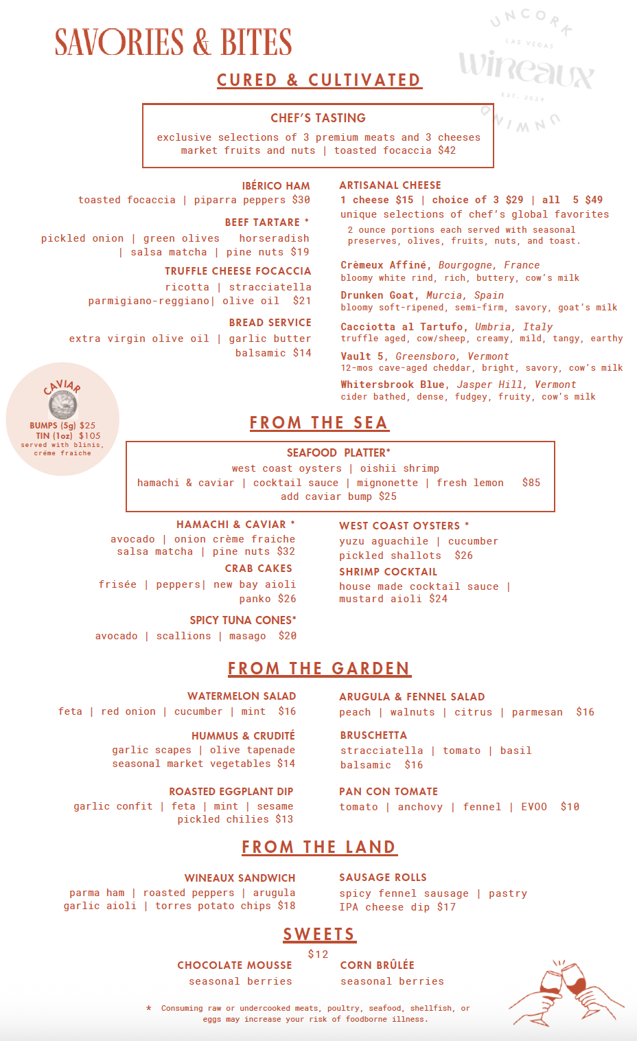 A menu for savories and bites at a restaurant