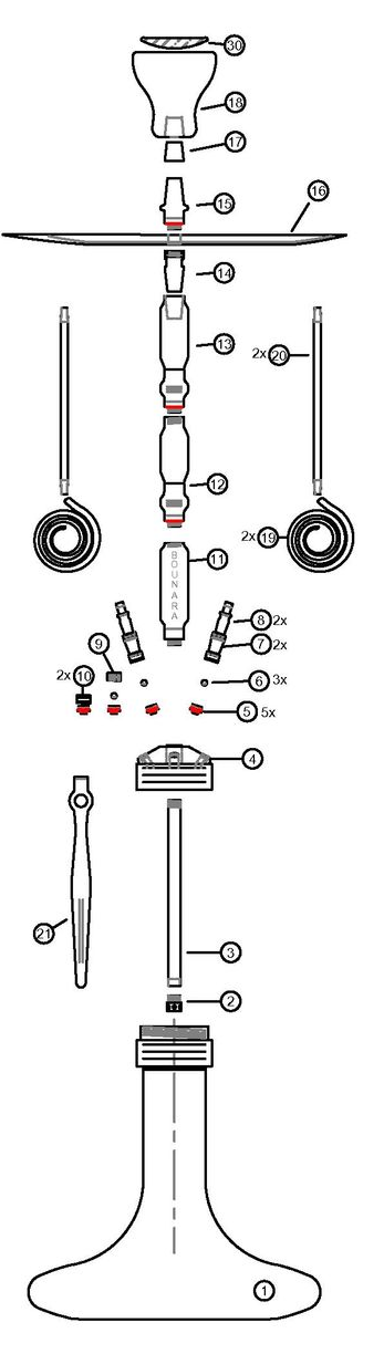 Exploded view of a laboratory distillation apparatus with glassware, tubing, clamps, and a round-bottom flask.
