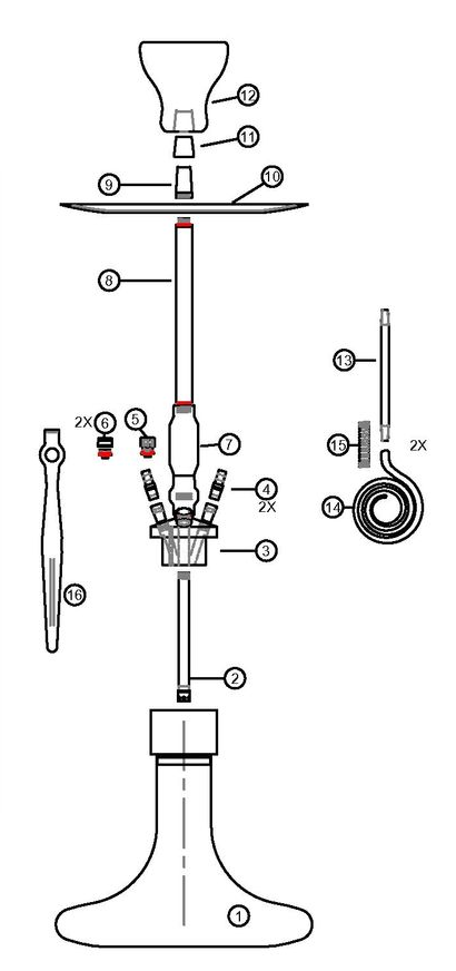Diagram of a hookah, showing the different components labeled with numbers.