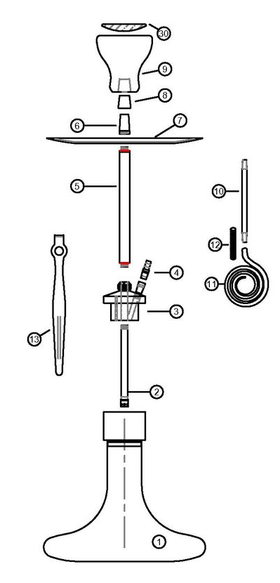 Exploded diagram of a lab filtration setup with funnel, tube, clamp, flask, and stand components labeled in black and red.
