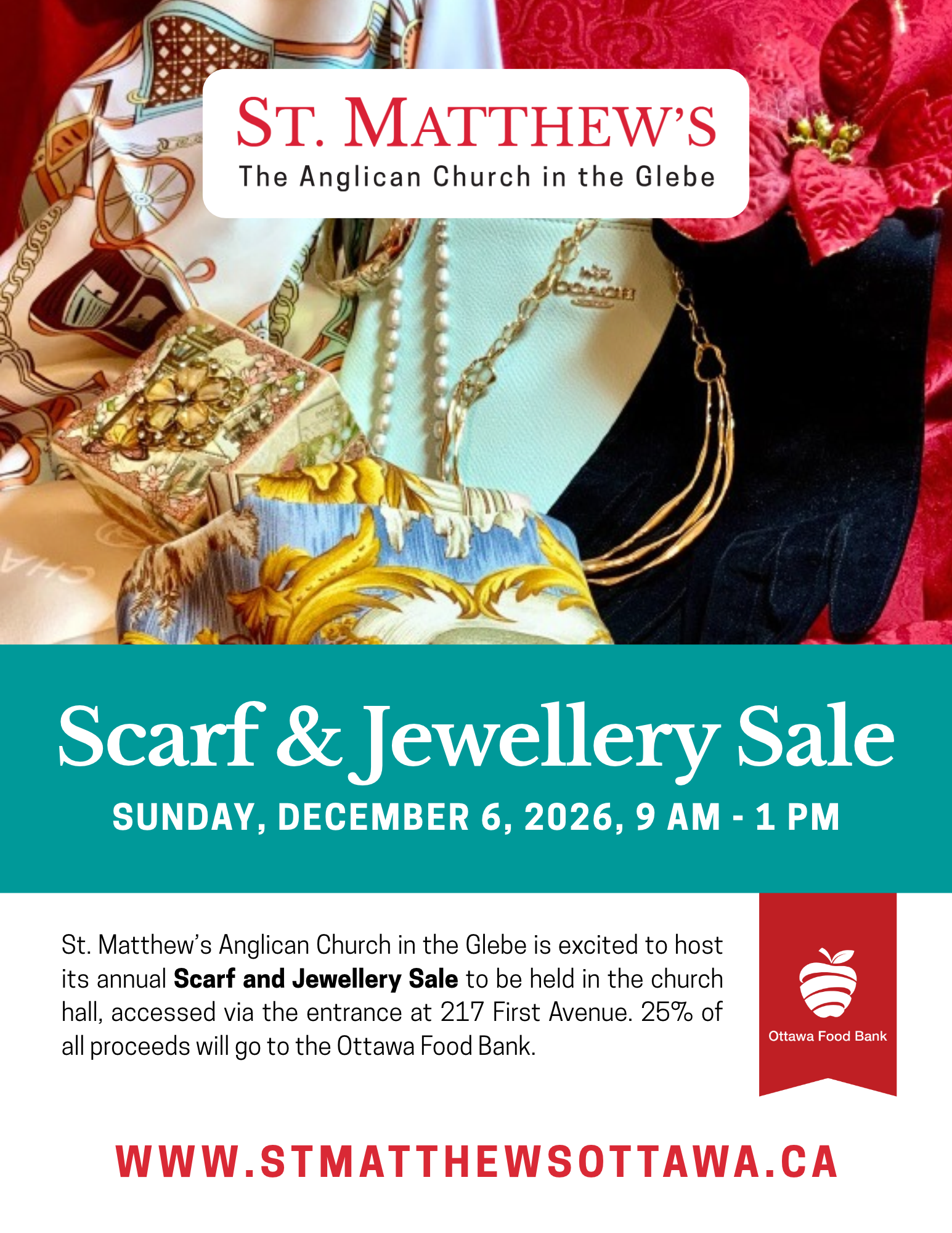 Flyer for St. Matthew's Scarf & Jewellery Sale on December 6, 2026. Teal background with accessories and logo.