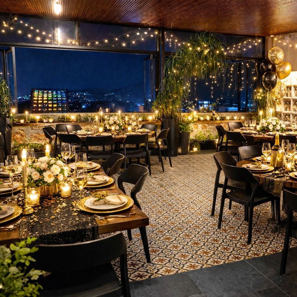 Elegante terraza comedor a la luz de las velas con mesas negras, decoración dorada y las luces de la ciudad por la noche.