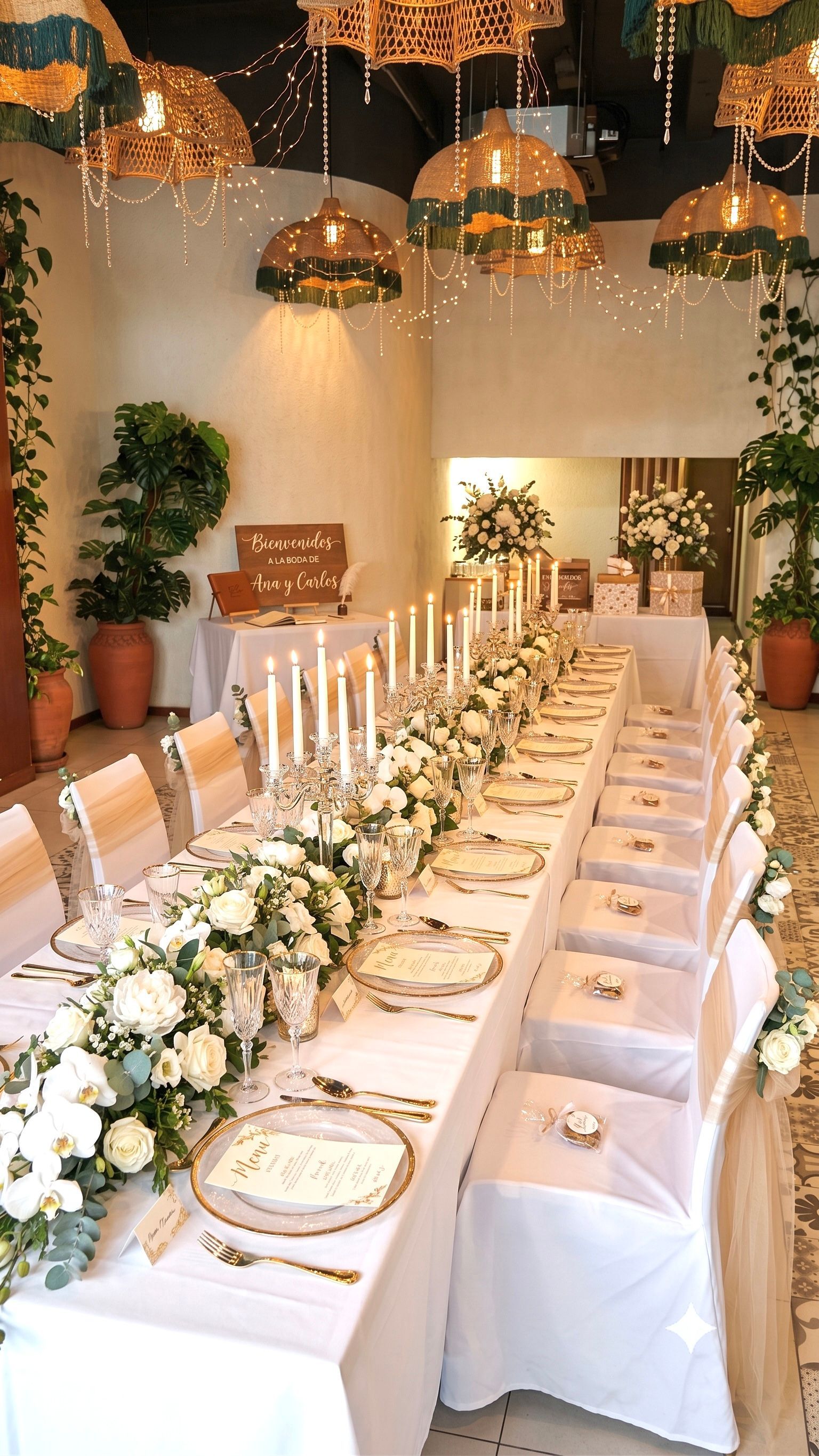 Elegante mesa larga de banquete con sillas blancas, centro de mesa floral y faroles colgantes en una habitación cálidamente iluminada.