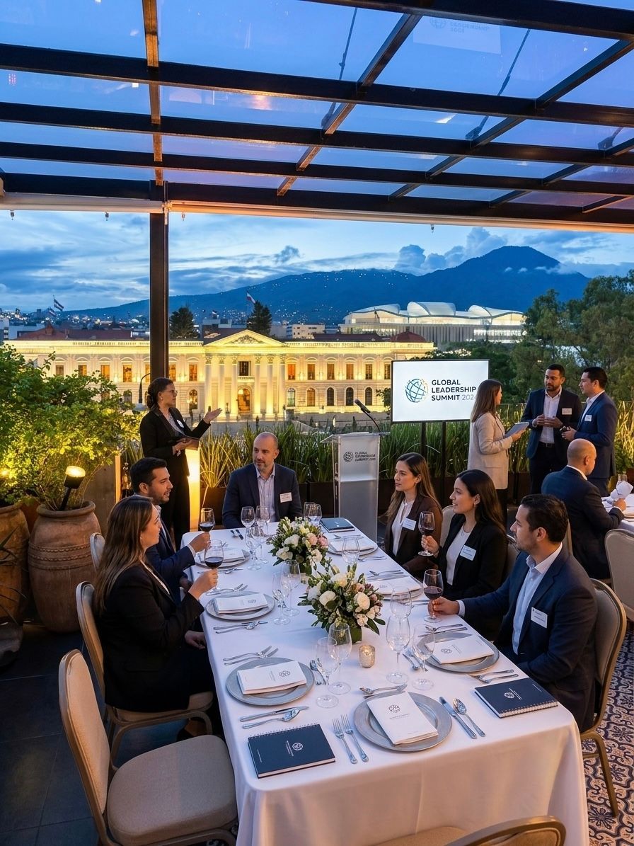 Elegante mesa de comedor con detalles dorados, servilletas verdes, velas y cristalería en un luminoso restaurante.