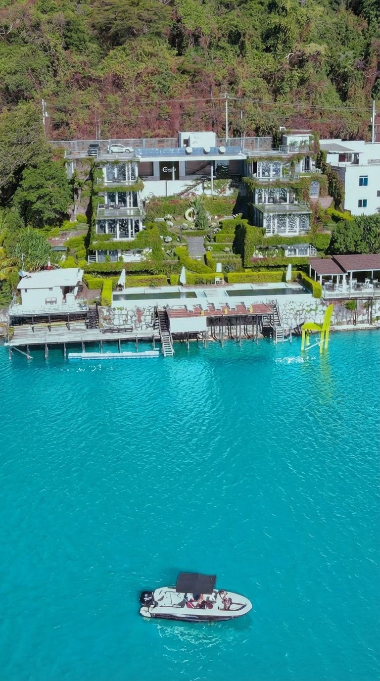 Bahía turquesa con un complejo turístico frente al mar y un pequeño bote en aguas tranquilas.