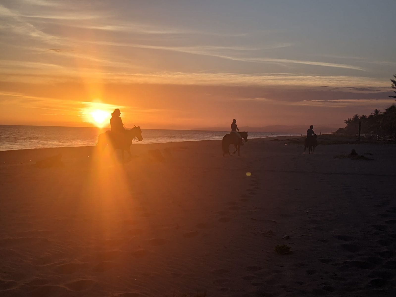Puesta de sol sobre una playa con siluetas de personas y la luz del sol anaranjada reflejándose en la arena.