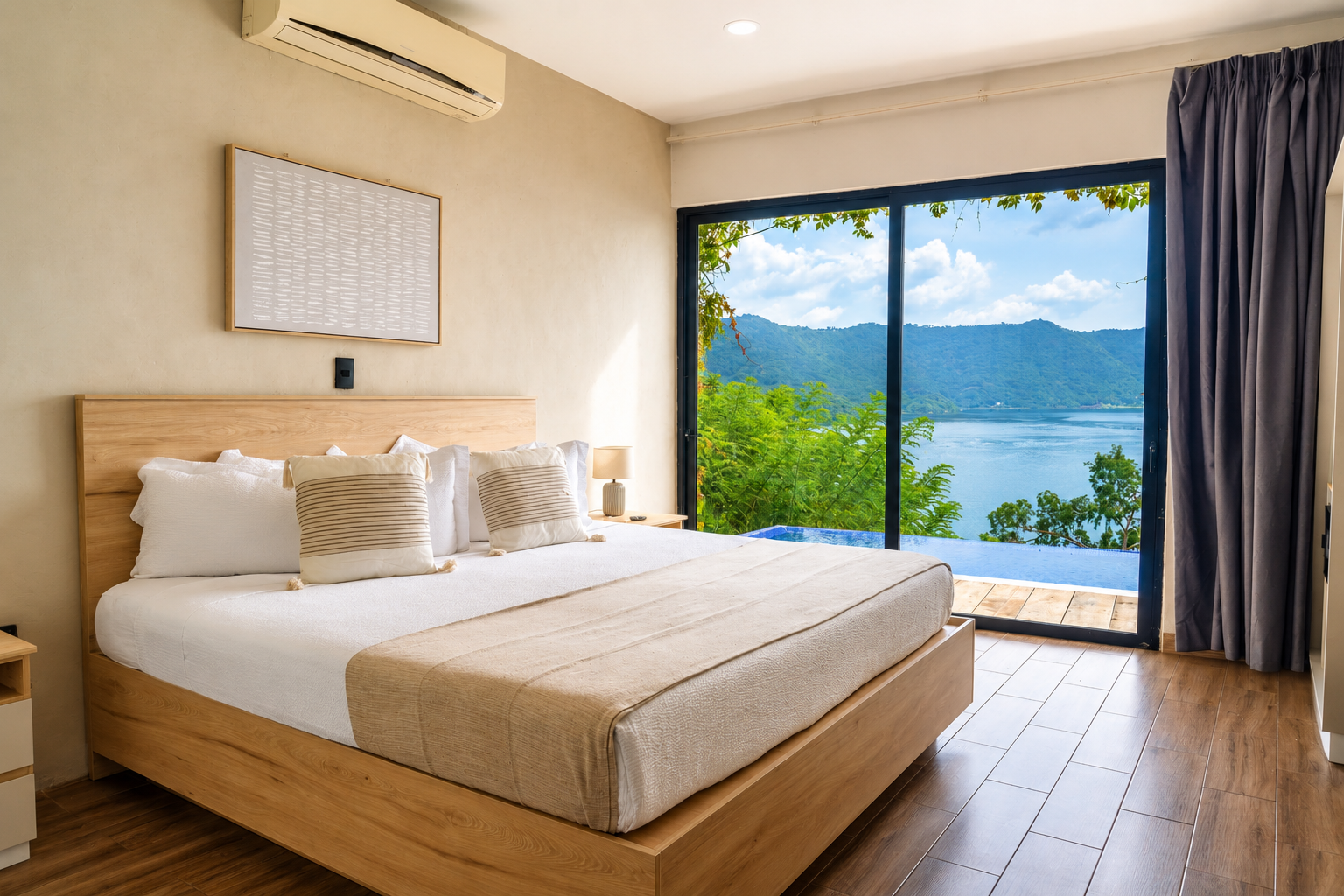 Habitación luminosa con cama de madera y grandes puertas correderas con vistas a un lago y a las montañas en el hotel cardedeu coatepeque
