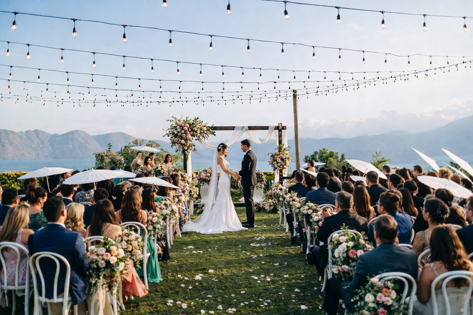 Ceremonia de boda al aire libre con los novios bajo guirnaldas de luces, los invitados sentados en un pasillo de césped con las montañas de fondo en el hotel cardedeu coatepeque