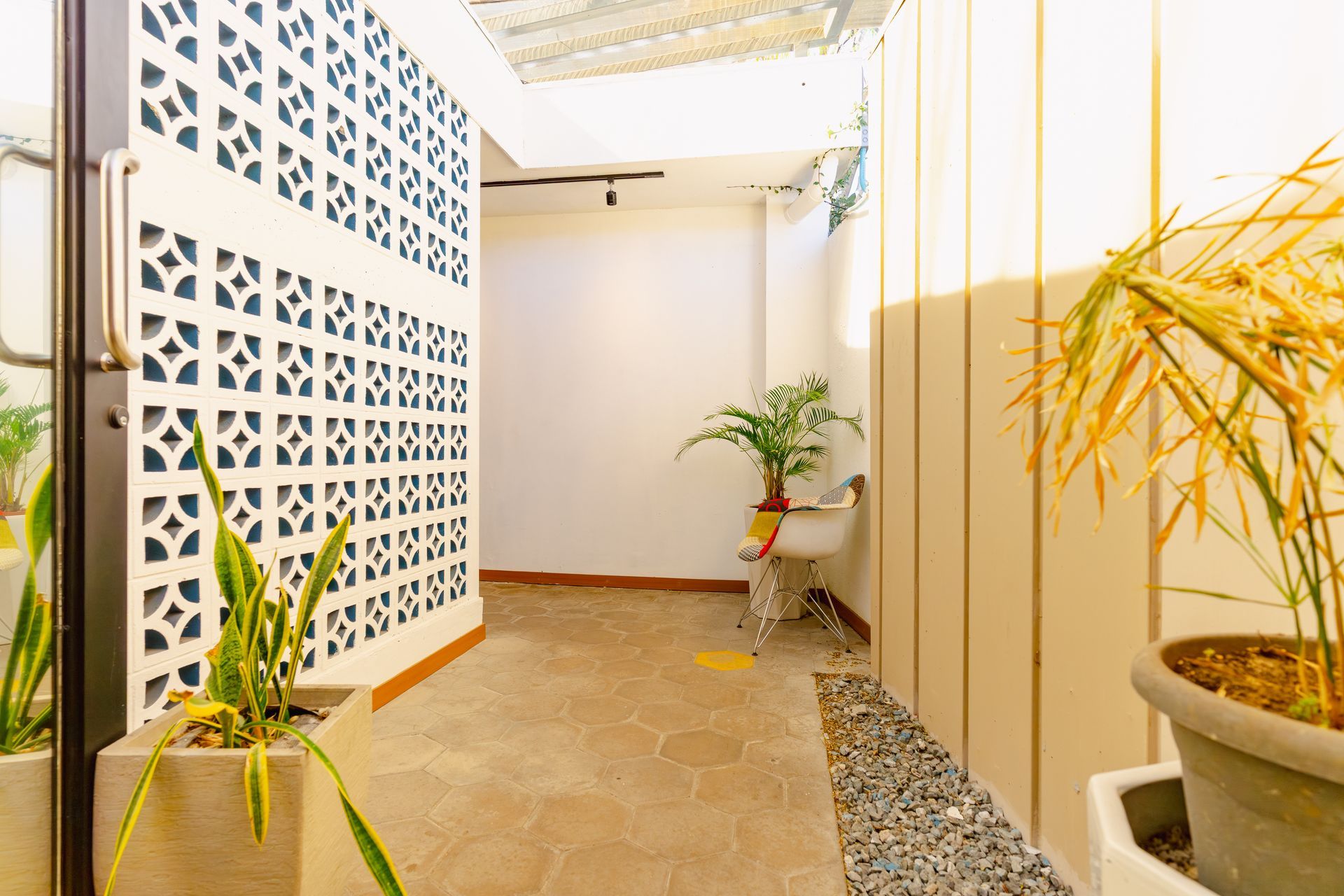 Estrecho pasillo exterior con pared estampada, suelo color beige y plantas en macetas bañado por la luz del sol.