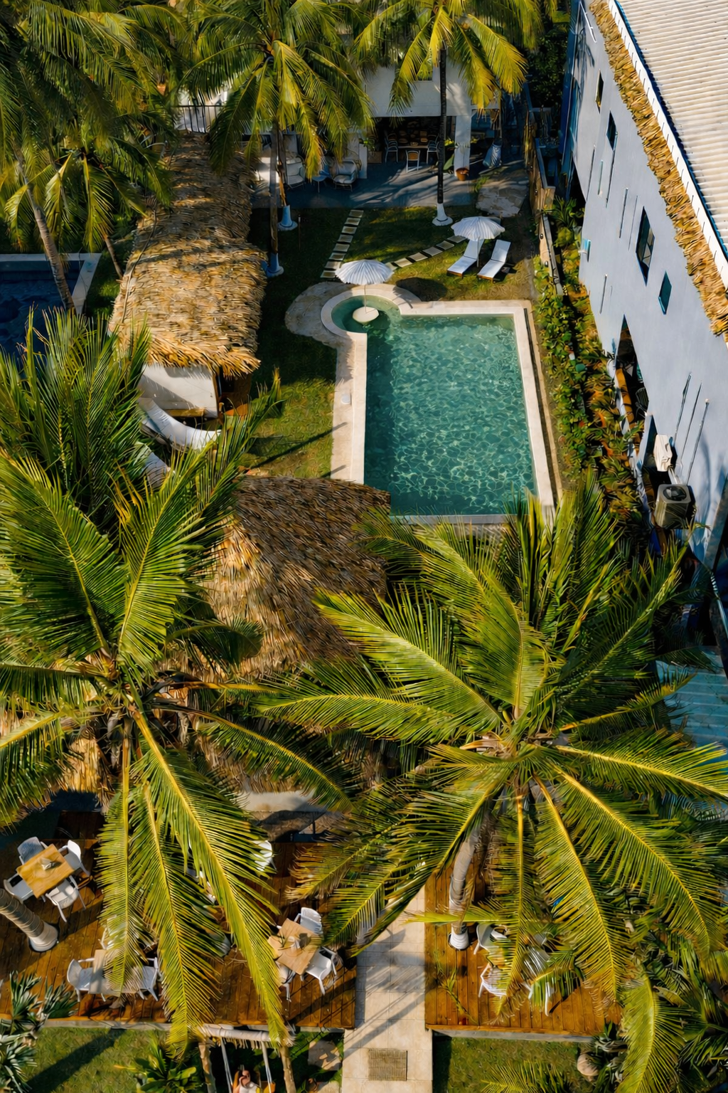 Vista aérea de un patio tropical con una piscina turquesa, palmeras y tumbonas blancas junto a un edificio blanco.
