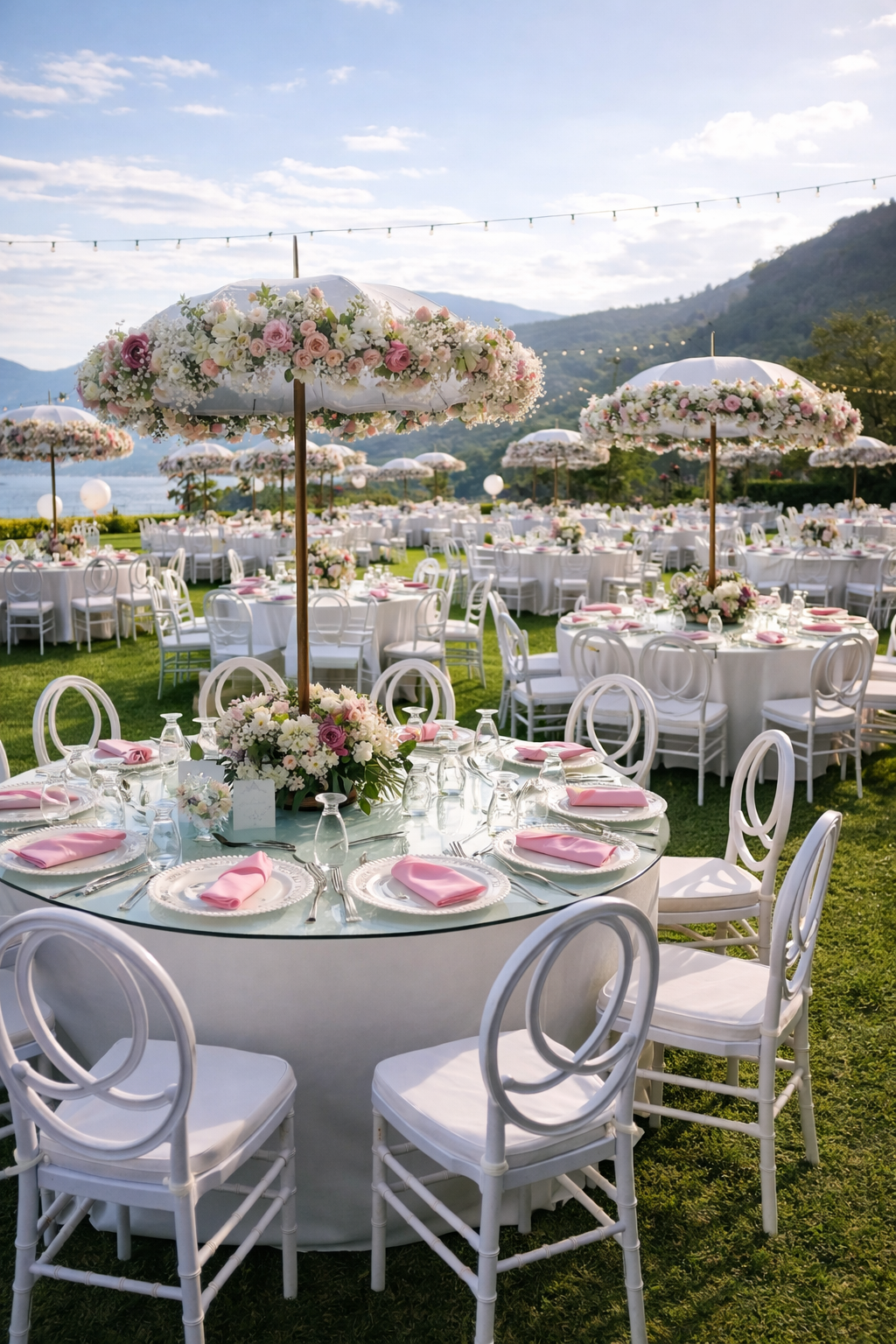 Elegante recepción de boda al aire libre con mesas blancas, centros de mesa florales y vistas a la montaña junto al agua en el hotel cardedeu coatepeque