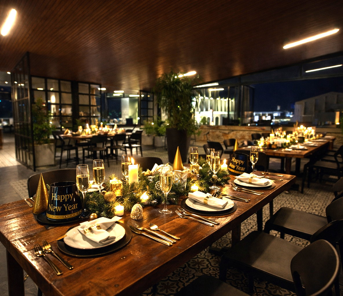 Elegante zona de comedor al aire libre con mesas cálidamente iluminadas, preparadas para cenar por la noche en ceache rooftop