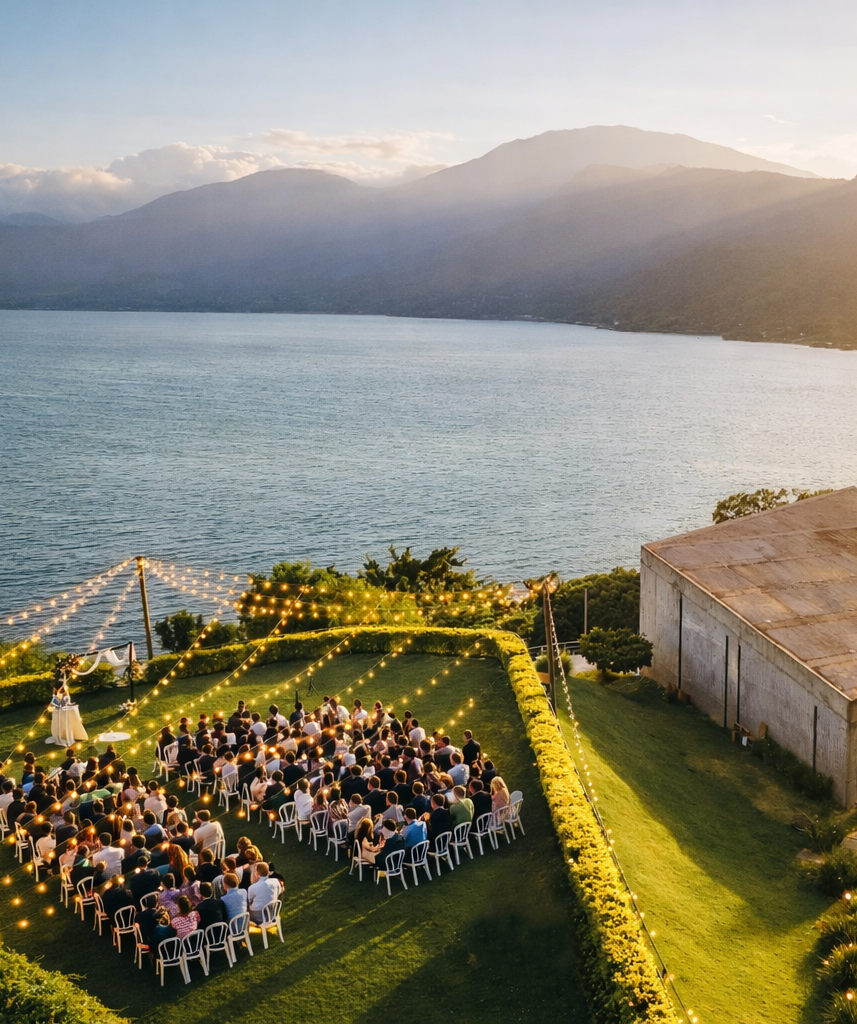 Recepción de boda al aire libre en un césped junto a un lago, con largas mesas iluminadas con guirnaldas de luces y montañas al fondo en cardedeu coatepeque